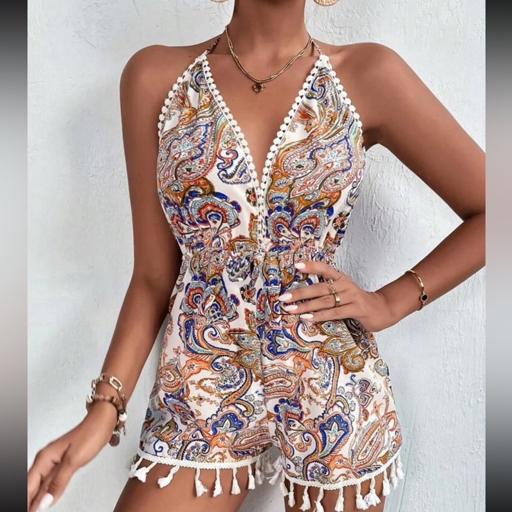 Bohemian Backless Halter Romper with tassels!!
